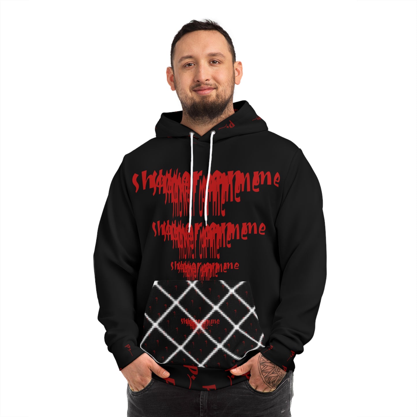 Pitch Shower On Me Hoodie - Black & Red Trendy Graphic Design